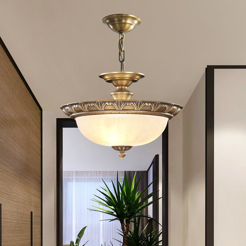 Bronze Bowl Suspension Light Antique Style White Glass Corridor Chandelier Pendant