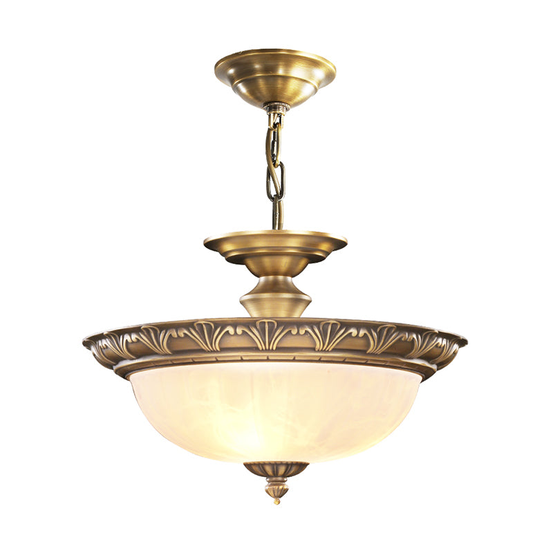 Bronze Bowl Suspension Light Antique Style White Glass Corridor Chandelier Pendant