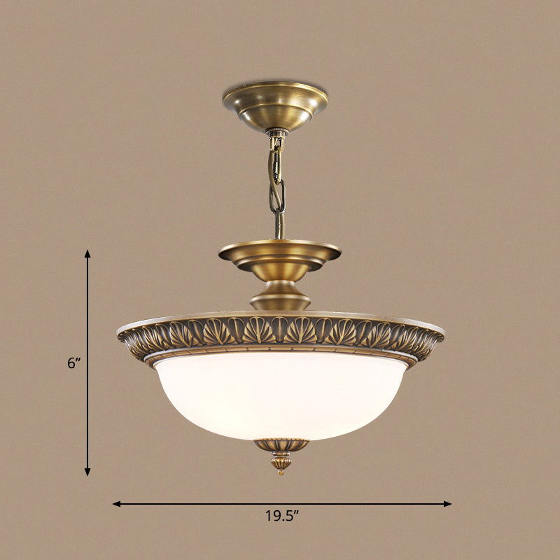 Bronze Bowl Suspension Light Antique Style White Glass Corridor Chandelier Pendant