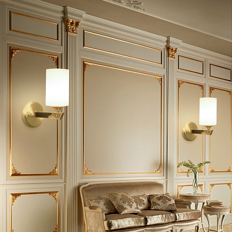 Single-Bulb Glass Wall Light Minimalist Gold Finish Cylindrical Foyer Wall Sconce Lamp