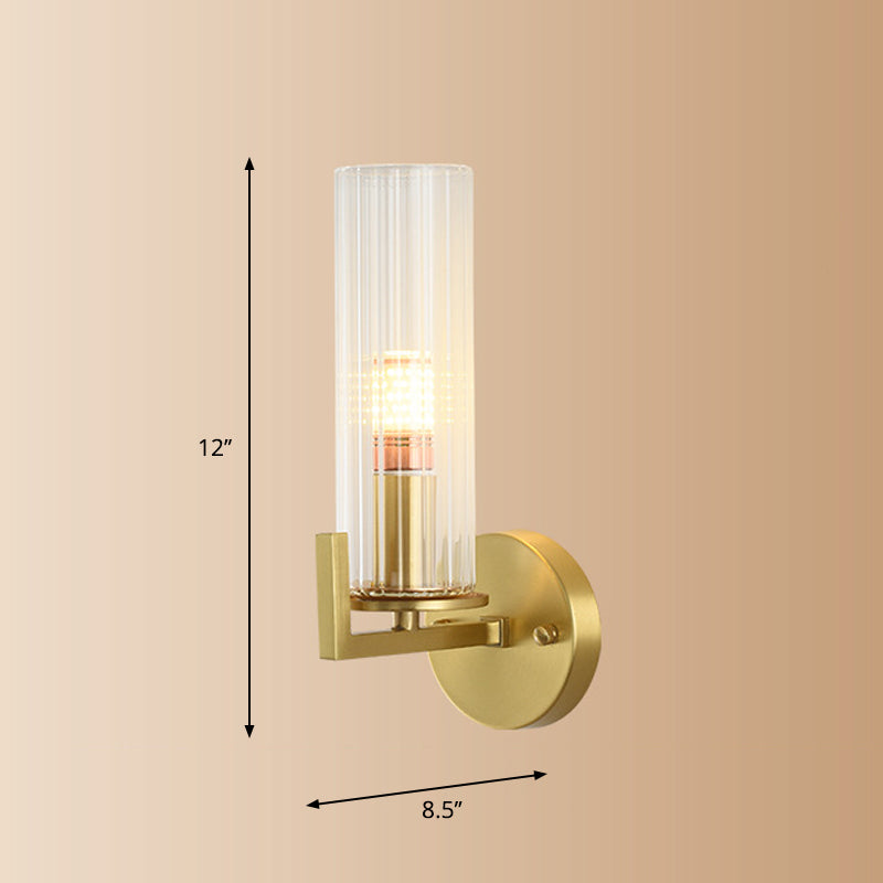 Single-Bulb Glass Wall Light Minimalist Gold Finish Cylindrical Foyer Wall Sconce Lamp