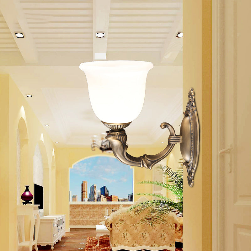 Retro Bell Wall Mounted Lamp 1-Bulb Ivory Glass Sconce Light Fixture in Bronze for Aisle