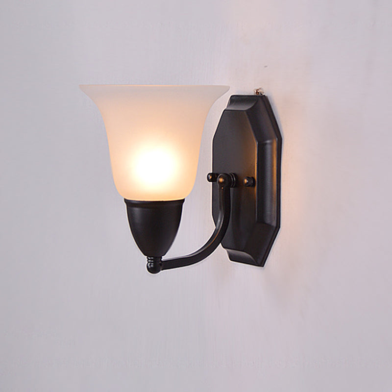 Frosted Glass Flared Wall Lamp Country Style Single Corridor Wall Light in Black