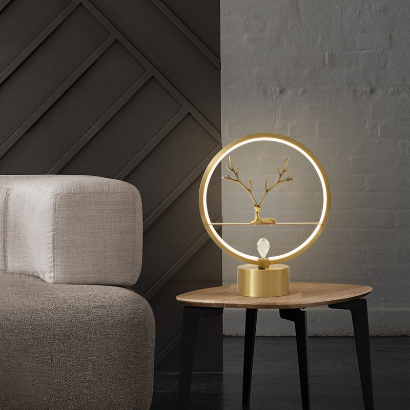Brass Halo Ring Table Light Minimalist LED Metal Night Light with Deer Decoration