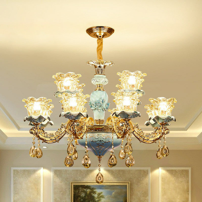 Blau geschichtete Blume auf Kronleuchter traditioneller klarer Kristallglas Schlafzimmer Suspension Licht