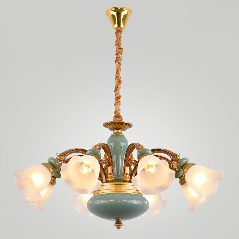 Flower Opal Frosted Glass Chandelier Vintage Living Room Hanging Light in Brown-Blue