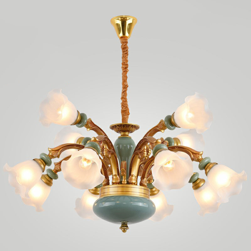 Flower Opal Frosted Glass Chandelier Vintage Living Room Hanging Light in Brown-Blue