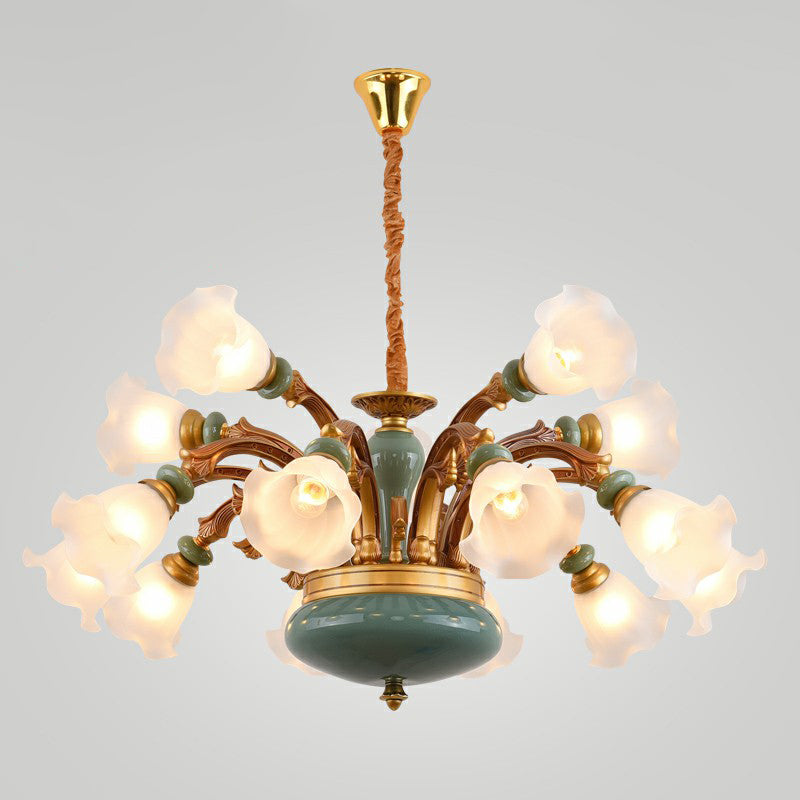Flower Opal matglas kroonluchter vintage woonkamer hangend licht in bruin blauw
