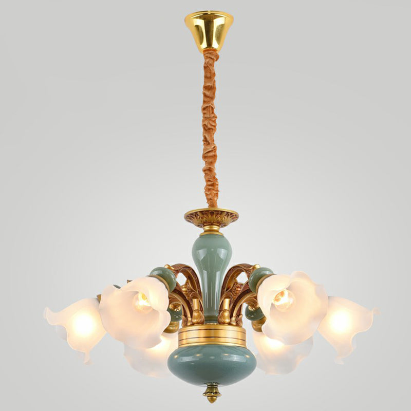 Flower Opal matglas kroonluchter vintage woonkamer hangend licht in bruin blauw