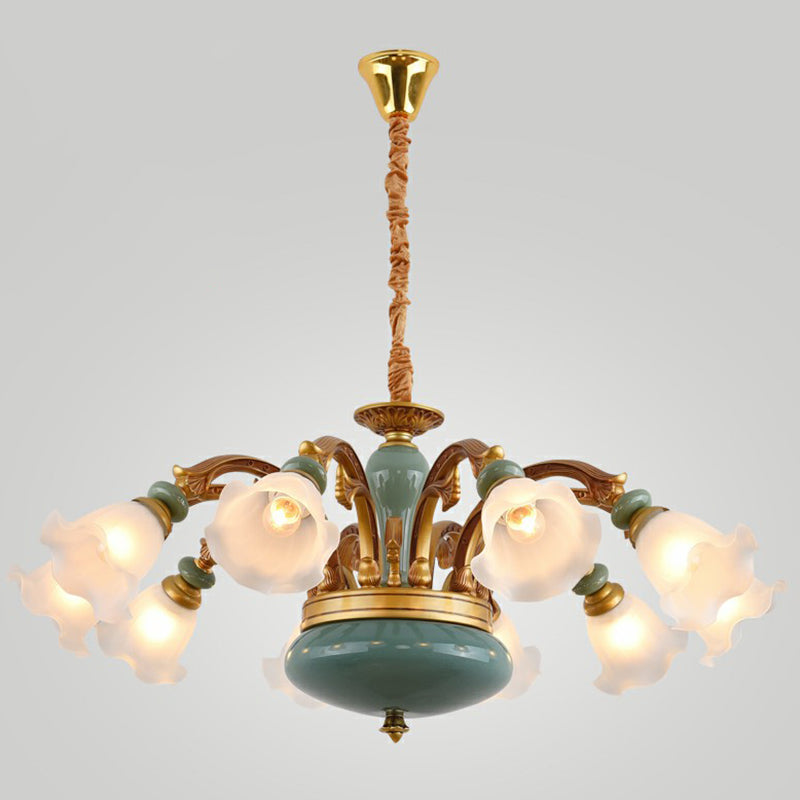 Flower Opal Frosted Glass Chandelier Vintage Living Room Hanging Light in Brown-Blue