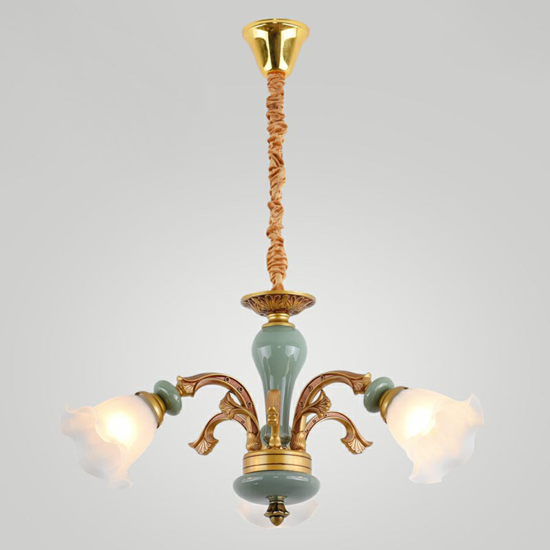 Flower Opal Frosted Glass Chandelier Vintage Living Room Hanging Light in Brown-Blue