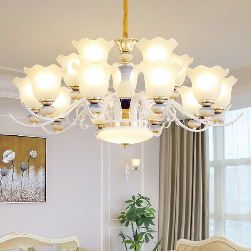 Hanging Chandelier Vintage Living Room Pendant Light with Flower Frosted Glass Shade in White