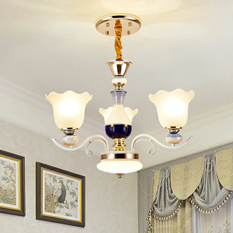 Hanging Chandelier Vintage Living Room Pendant Light with Flower Frosted Glass Shade in White