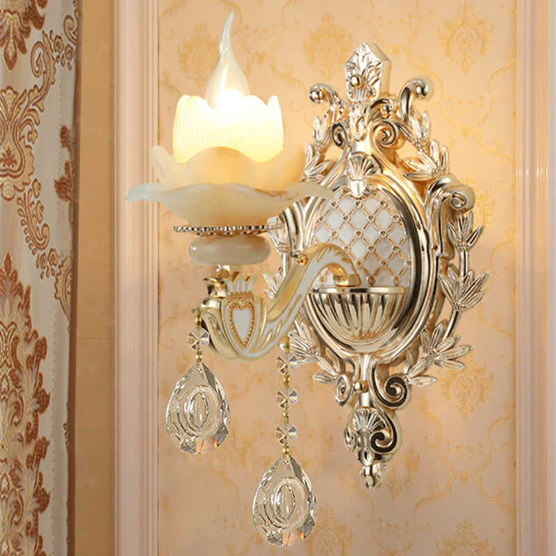 Jade Wall Mount Light Traditional Beige Flower Corridor Wall Sconce with Crystal Drop