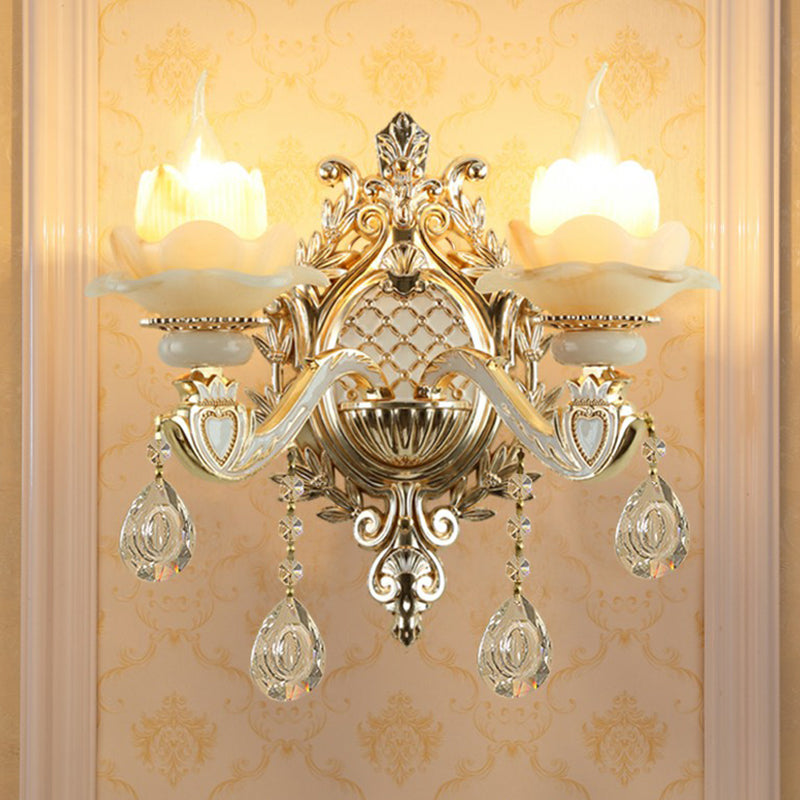 Jade Wall Mount Light Traditional Beige Flower Corridor Wall Sconce with Crystal Drop