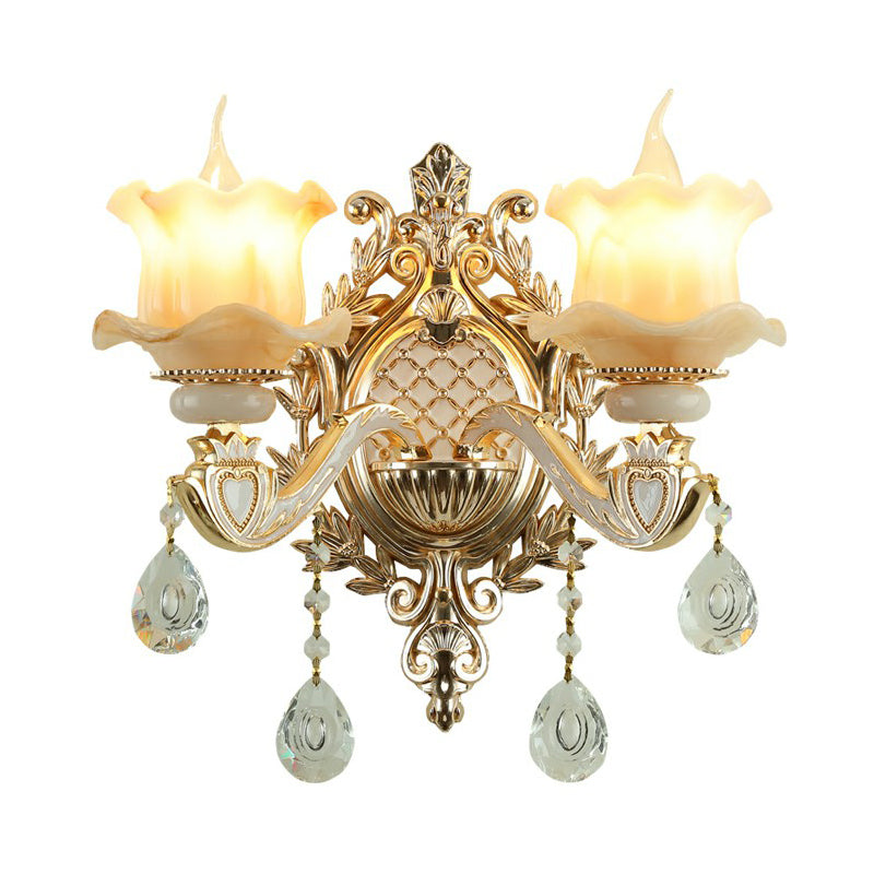 Jade Wall Mount Light Traditional Beige Flower Corridor Wall Sconce with Crystal Drop