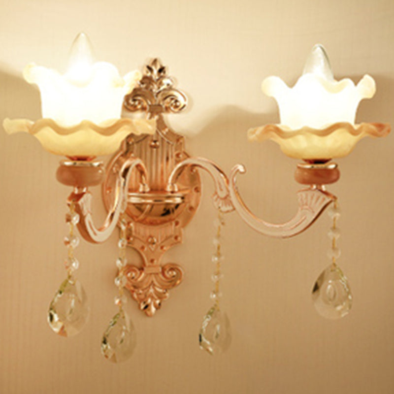 Floral Glass Wall Lighting Fixture Traditional 2-Light Corridor Wall Mount Lamp in Gold