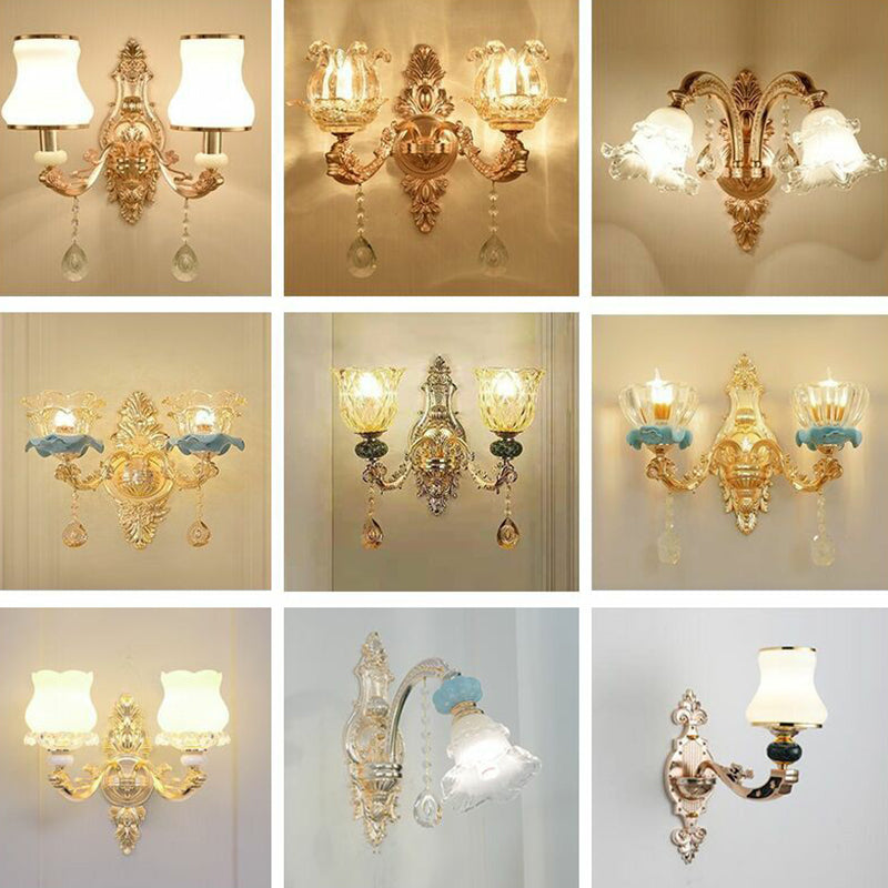 Floral Glass Wall Lighting Fixture Traditional 2-Light Corridor Wall Mount Lamp in Gold