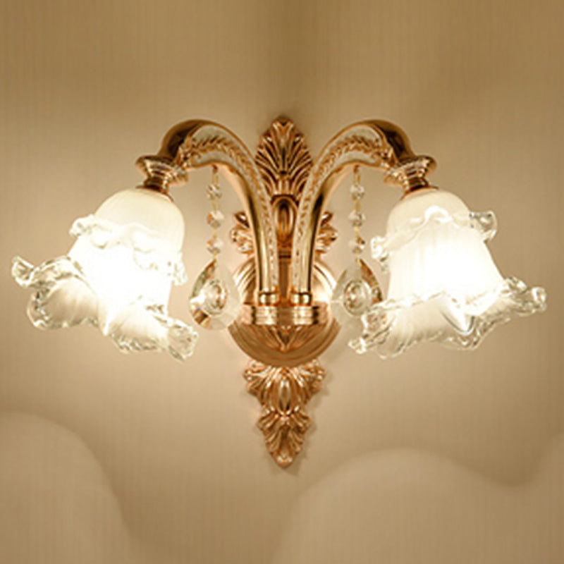Floral Glass Wall Lighting Fixture Traditional 2-Light Corridor Wall Mount Lamp in Gold