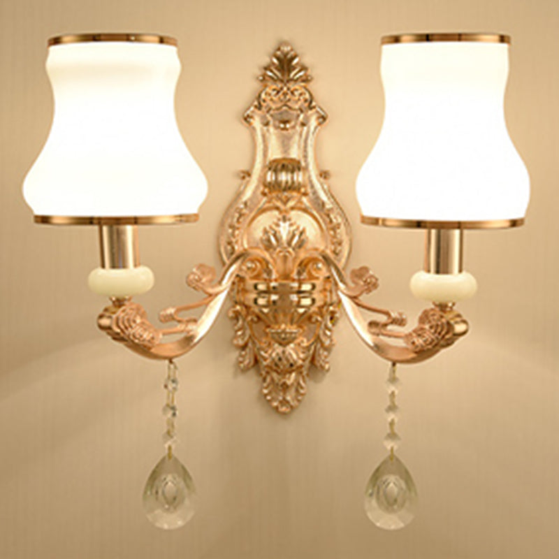 Floral Glass Wall Lighting Fixture Traditional 2-Light Corridor Wall Mount Lamp in Gold