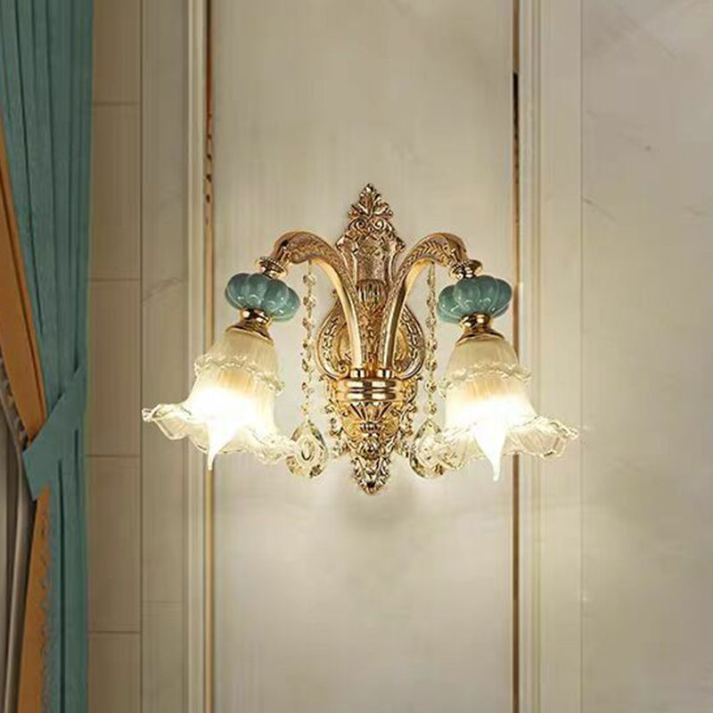 Floral Glass Wall Lighting Fixture Traditional 2-Light Corridor Wall Mount Lamp in Gold