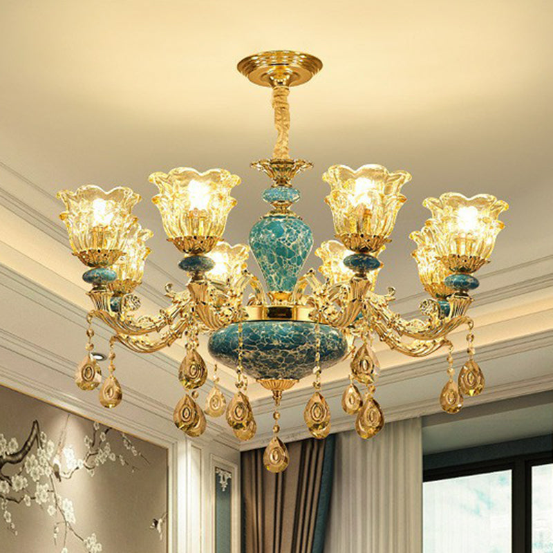 Luxe traditionele bloem omhoog kroonluchter helder glazen ophanging licht in blauw met kristallen druppels