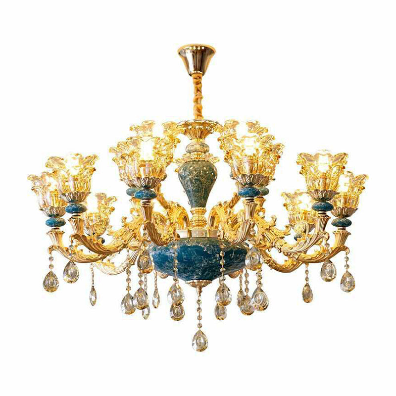 Luxe traditionele bloem omhoog kroonluchter helder glazen ophanging licht in blauw met kristallen druppels
