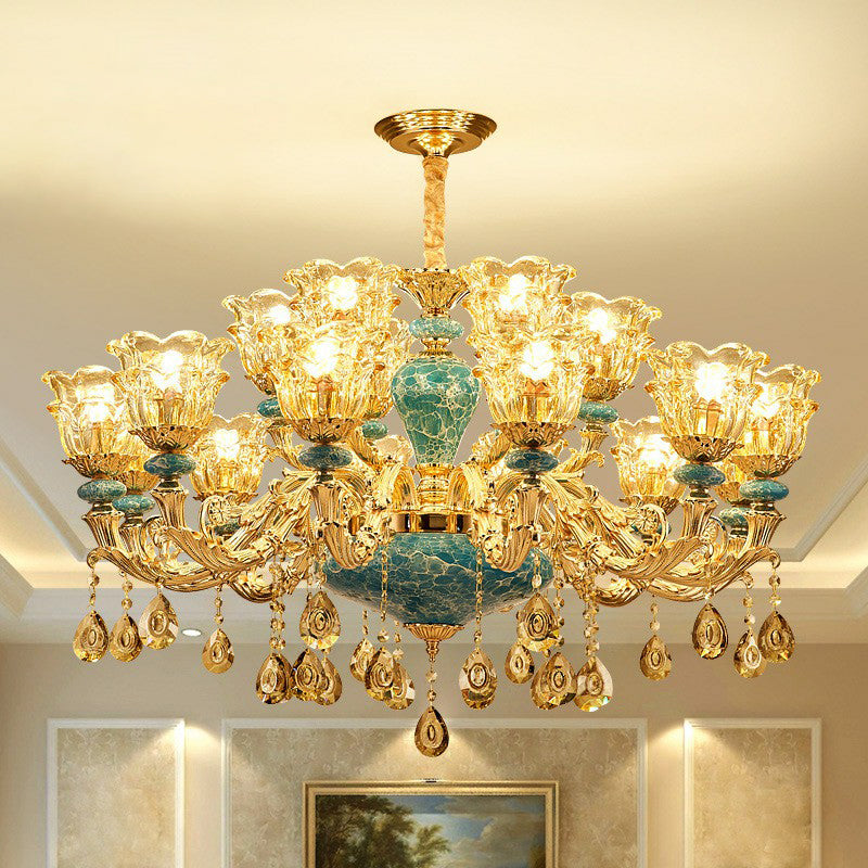 Luxe traditionele bloem omhoog kroonluchter helder glazen ophanging licht in blauw met kristallen druppels
