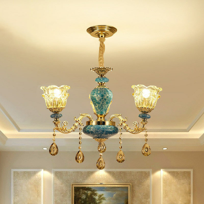 Luxe traditionele bloem omhoog kroonluchter helder glazen ophanging licht in blauw met kristallen druppels