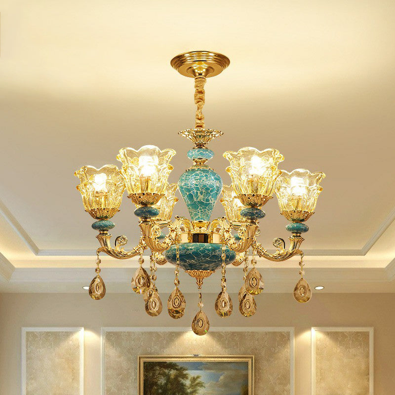 Luxe traditionele bloem omhoog kroonluchter helder glazen ophanging licht in blauw met kristallen druppels