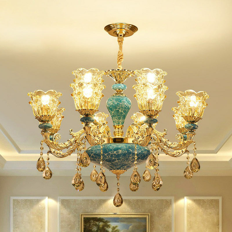 Luxe traditionele bloem omhoog kroonluchter helder glazen ophanging licht in blauw met kristallen druppels