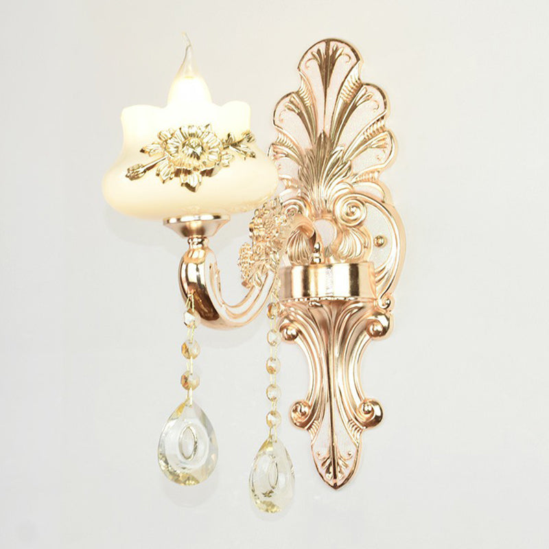 Classic Flower Wall Lamp Faux Jade Frosted Glass Wall Sconce with K9 Crystal Drops in Silver