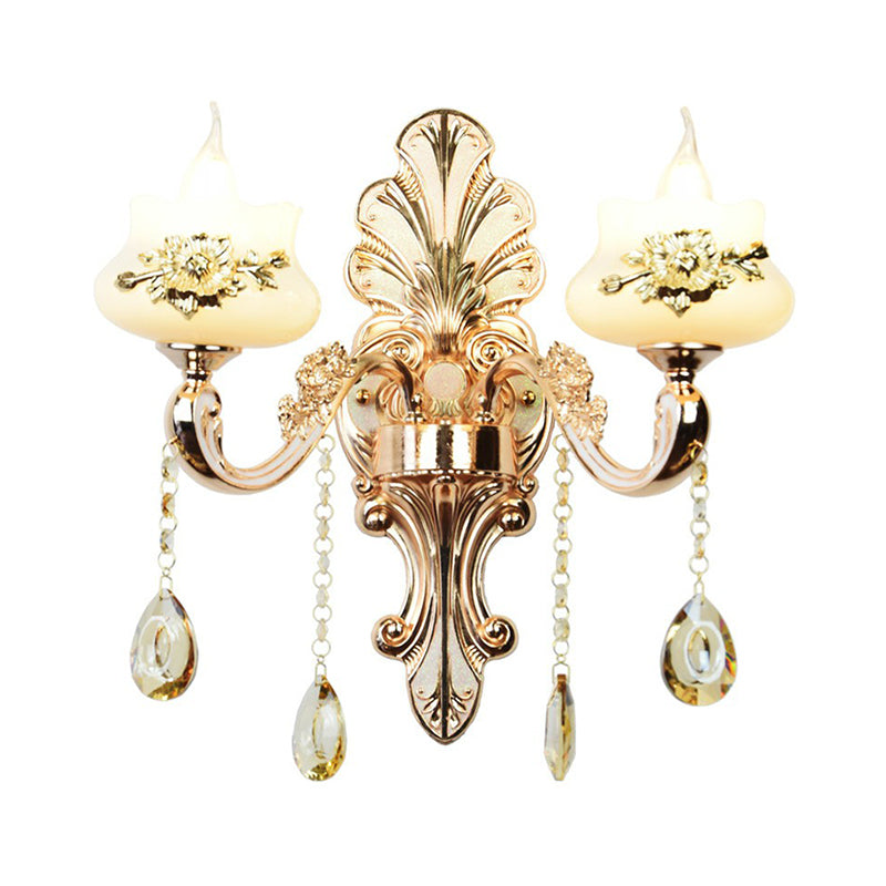 Classic Flower Wall Lamp Faux Jade Frosted Glass Wall Sconce with K9 Crystal Drops in Silver