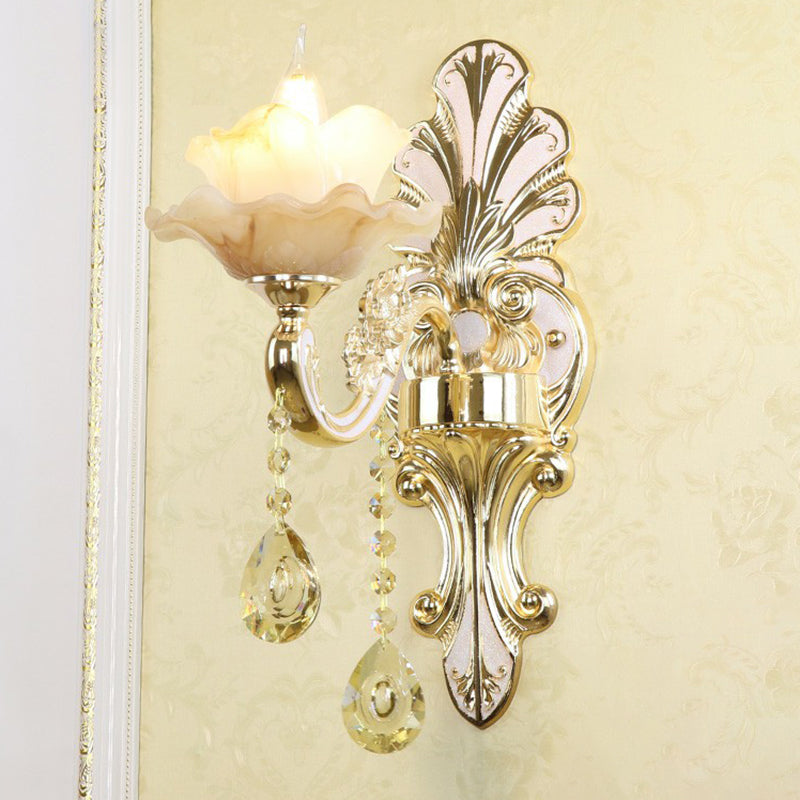 Classic Flower Wall Lamp Faux Jade Frosted Glass Wall Sconce with K9 Crystal Drops in Silver