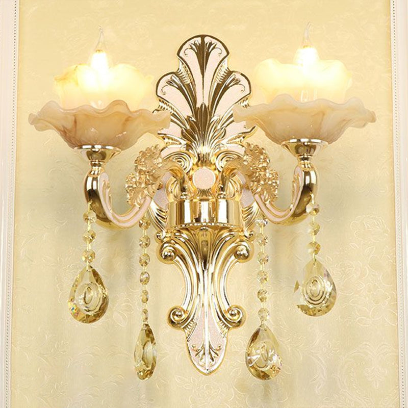 Classic Flower Wall Lamp Faux Jade Frosted Glass Wall Sconce with K9 Crystal Drops in Silver