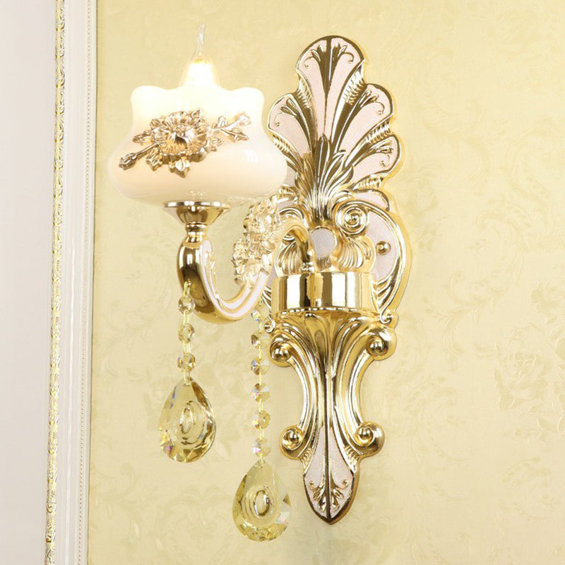 Classic Flower Wall Lamp Faux Jade Frosted Glass Wall Sconce with K9 Crystal Drops in Silver