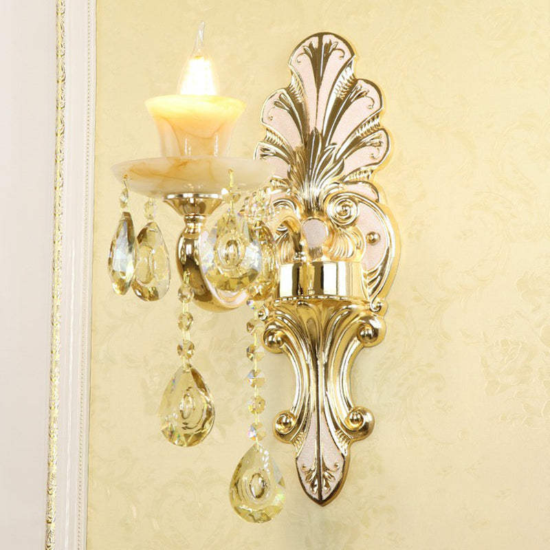 Classic Flower Wall Lamp Faux Jade Frosted Glass Wall Sconce with K9 Crystal Drops in Silver
