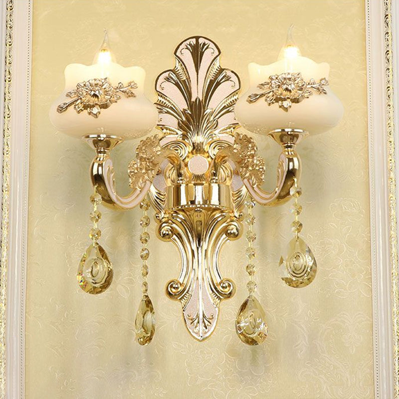Classic Flower Wall Lamp Faux Jade Frosted Glass Wall Sconce with K9 Crystal Drops in Silver