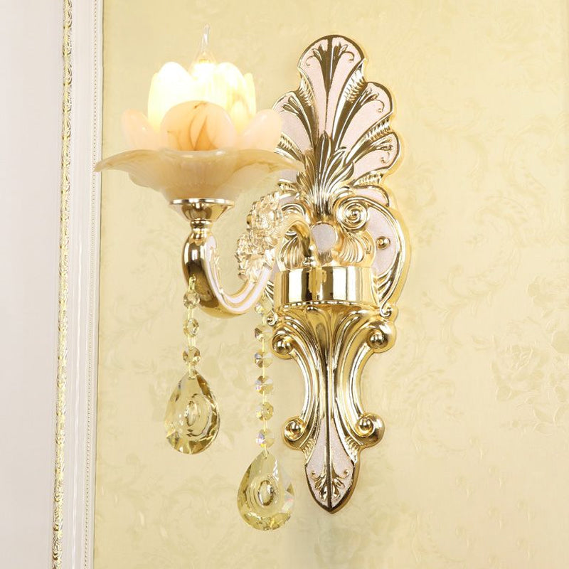Classic Flower Wall Lamp Faux Jade Frosted Glass Wall Sconce with K9 Crystal Drops in Silver