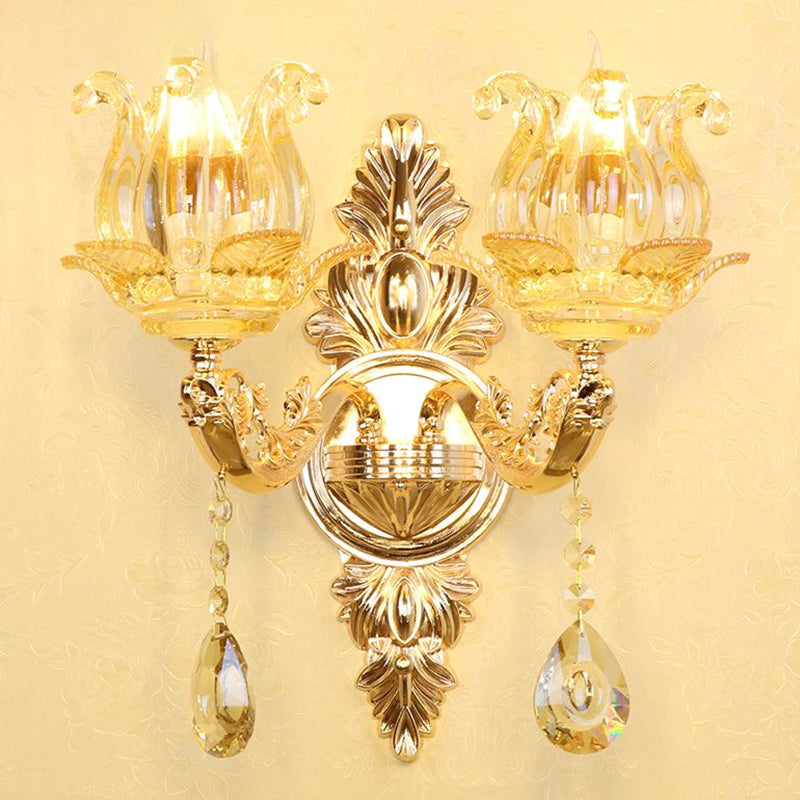 Faux Candle Shading Lighting Accesorio de lámpara de pared de metal tradicional con sombra y caída de cristal