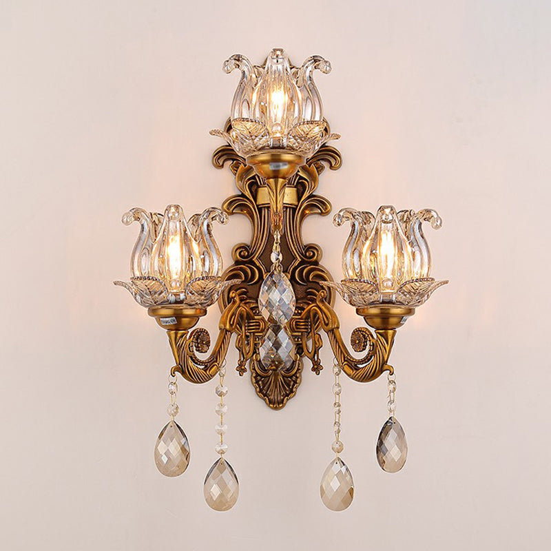 3-Light Candle Wall Sconce Antique Style Metallic Wall Mount Light with Crystal Droplet