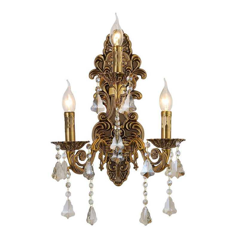 3-Light Candle Wall Sconce Antique Style Metallic Wall Mount Light with Crystal Droplet