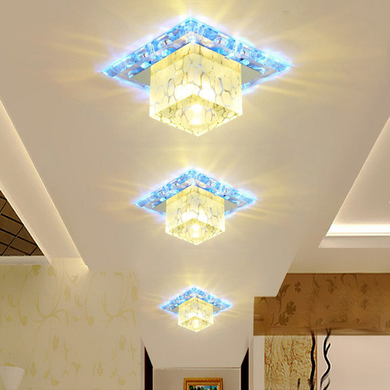 LED Hallway Ceiling Lamp Minimalist Clear Flush Mount Light with Cube Crystal Shade