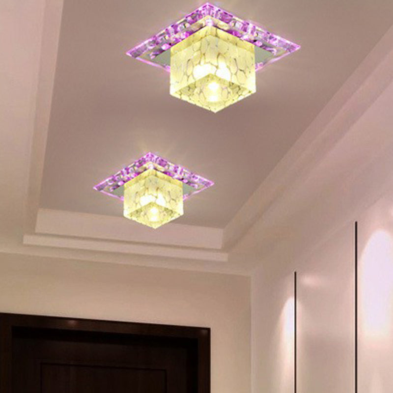 LED Hallway Ceiling Lamp Minimalist Clear Flush Mount Light with Cube Crystal Shade