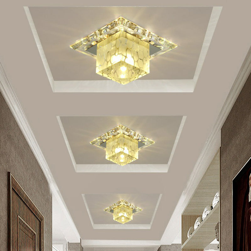 LED Hallway Ceiling Lamp Minimalist Clear Flush Mount Light with Cube Crystal Shade