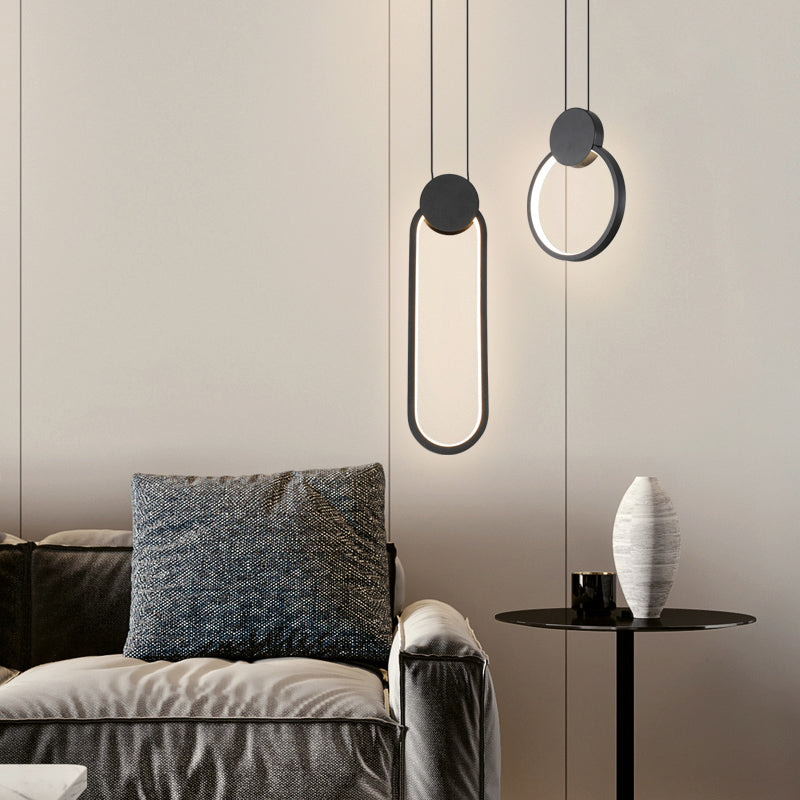 Black Circular Hanging Lamp Nordic Metallic LED Suspension Light Fixture for Bedroom