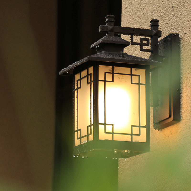 Coffee Finish 1-Bulb Sconce Lamp Traditional Frosted Glass Rectangle Wall Light for Outdoor