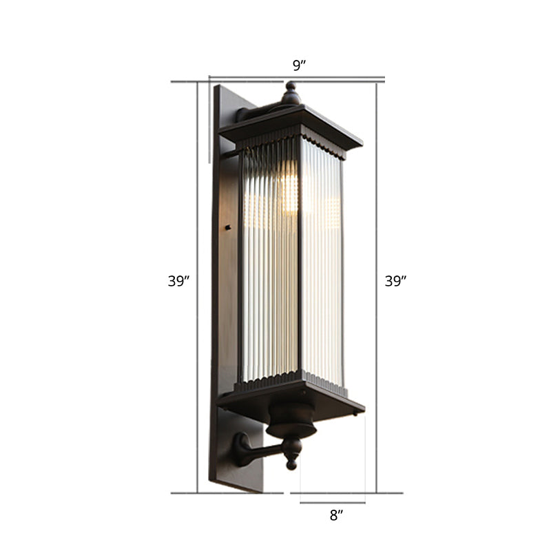 Glass Shaded Lantern Wall Sconce Traditional 1 Head Patio Wall Mount Light Fixture in Black