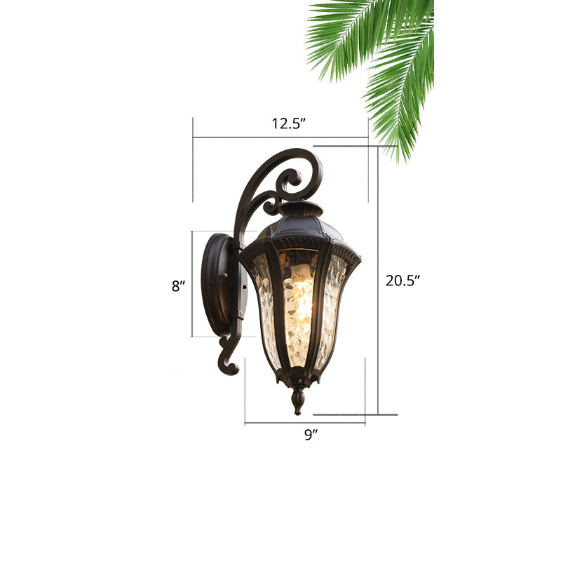 Glass Shaded Lantern Wall Sconce Traditional 1 Head Patio Wall Mount Light Fixture in Black