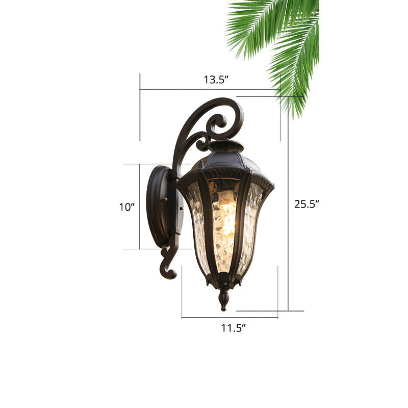 Glass Shaded Lantern Wall Sconce Traditional 1 Head Patio Wall Mount Light Fixture in Black